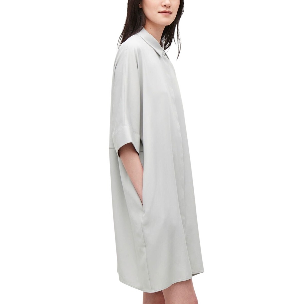 COS Draped Boxy Shirt Dress, Oversized Light Gray Button-Front Shirt, Size Small